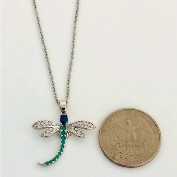 Dragonfly Insect Blue Green and CZ Silver Fashion Pendant Necklace NWOT - Picture 9 of 13